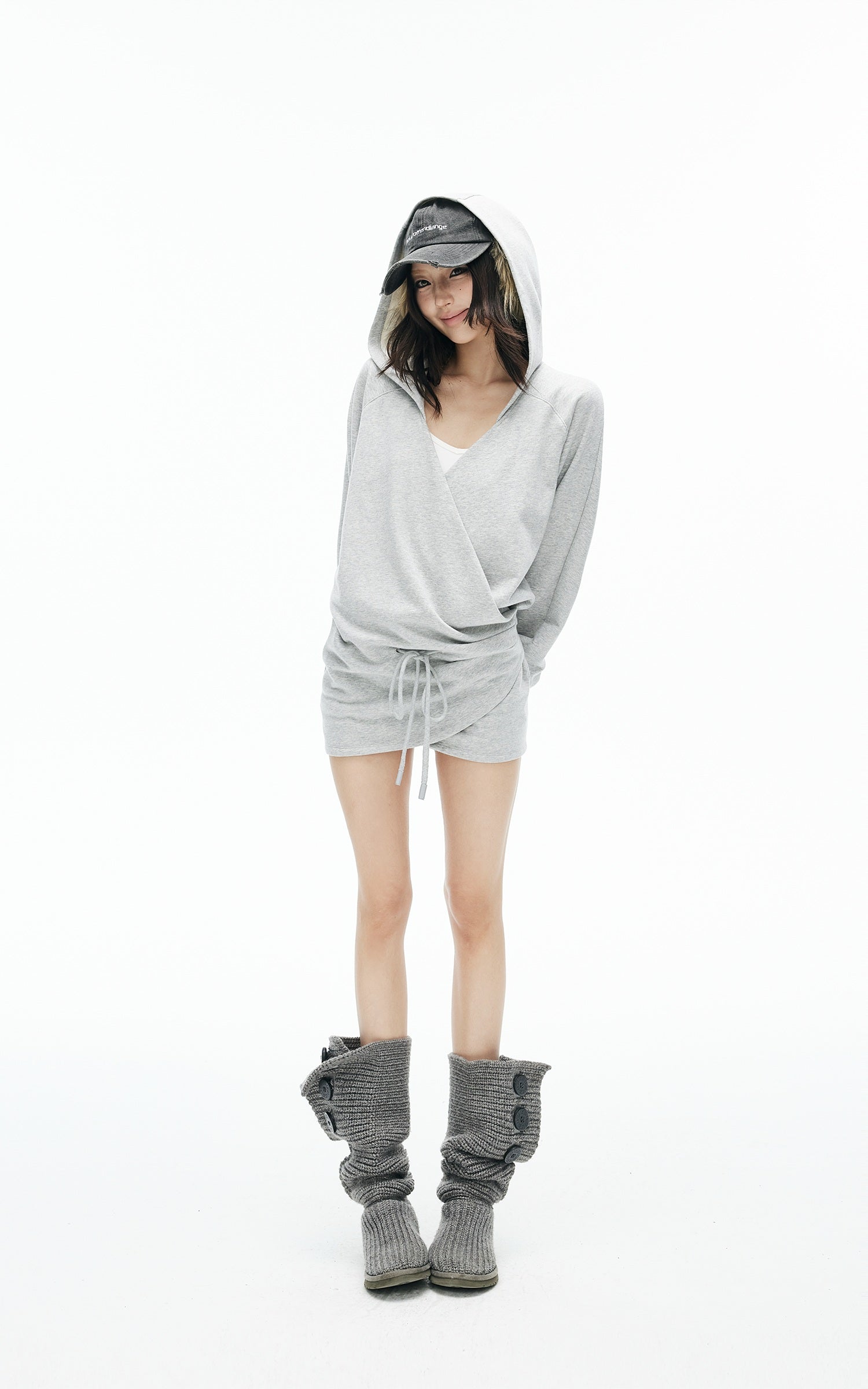 IAMXIAA Wrap Drawstring Hooded Long Sleeve Top