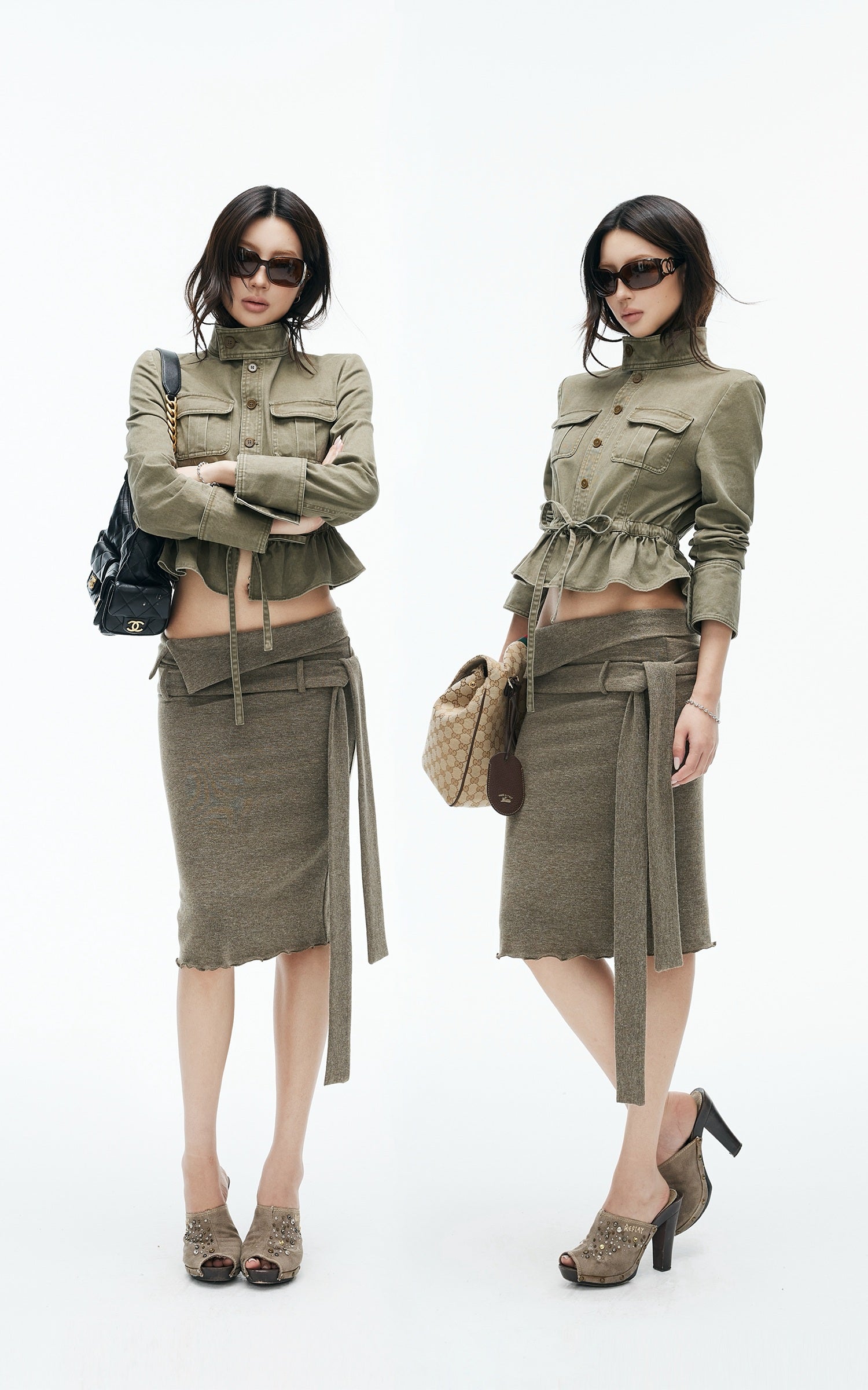 IAMXIAA Utility Peplum Jacket &amp; Draped Midi Skirt Two-Piece Set