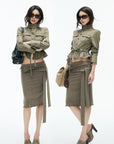 IAMXIAA Utility Peplum Jacket & Draped Midi Skirt Two-Piece Set