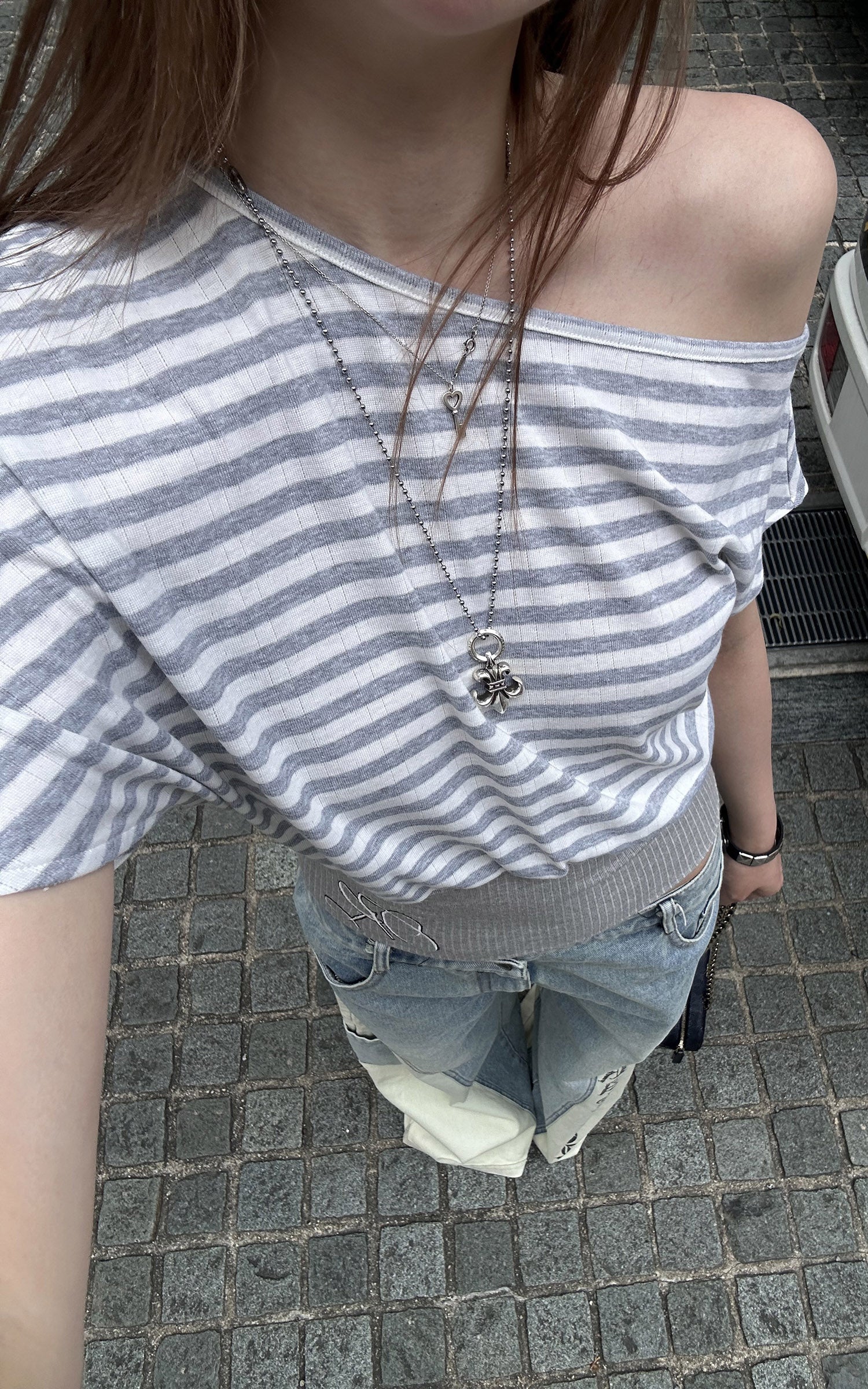 Rase le sol Off-Shoulder Striped Paneled Waist Top