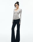 IAMXIAA Leopard Cuff Deep V-Neck Fitted Long Sleeve Top