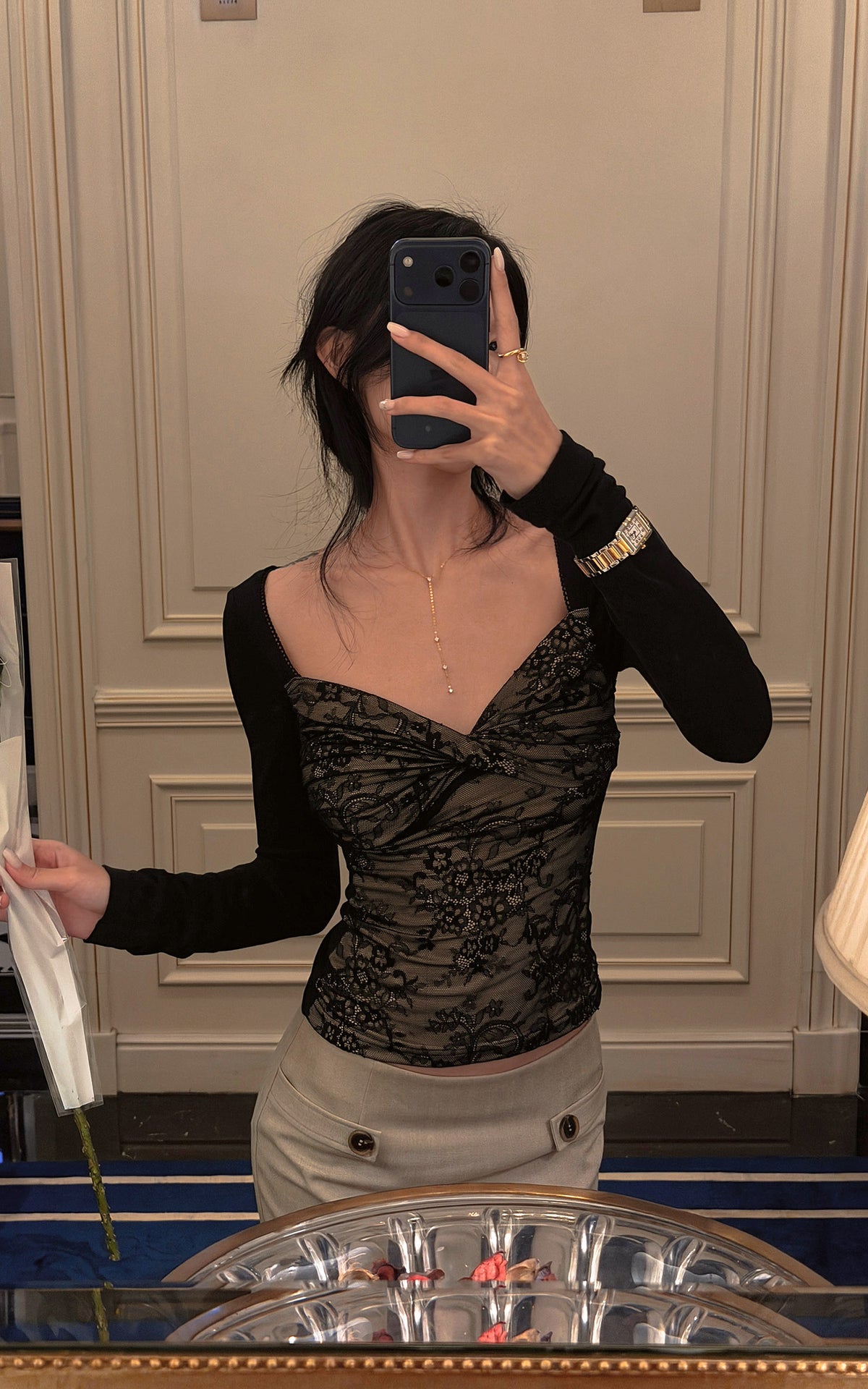 Hydrae Lace Contrast Ruched Bust Long Sleeve Top With Sheer Floral Texture