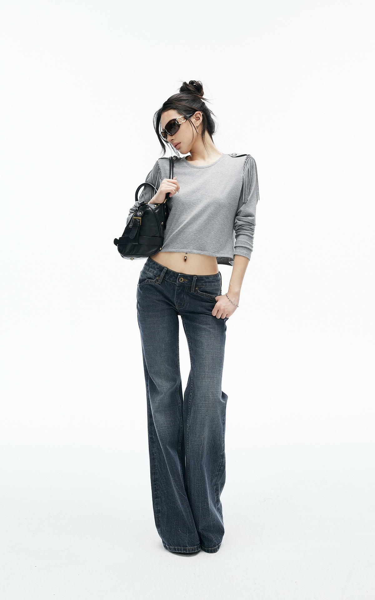 IAMXIAA Fringe Epaulette Cropped Long Sleeve Top