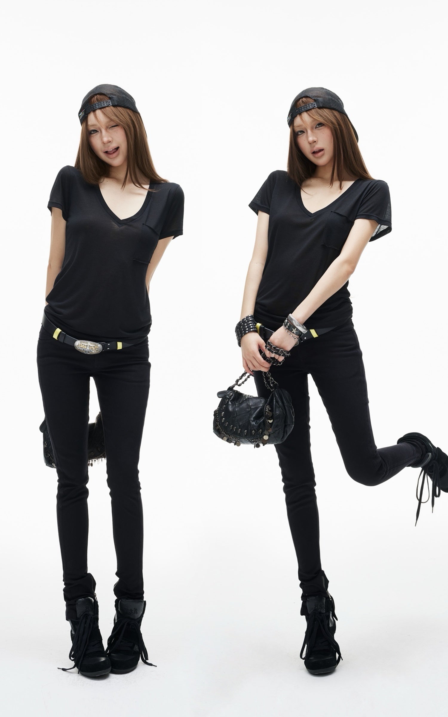 IAMXIAA T-shirt transparent à col en V avec poche