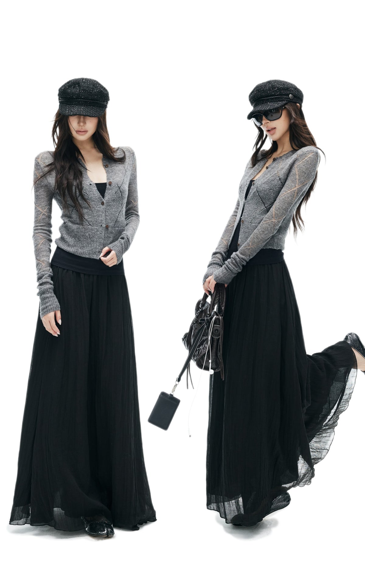 IAMXIAA Sheer Argyle Fuzzy Knit Cardigan