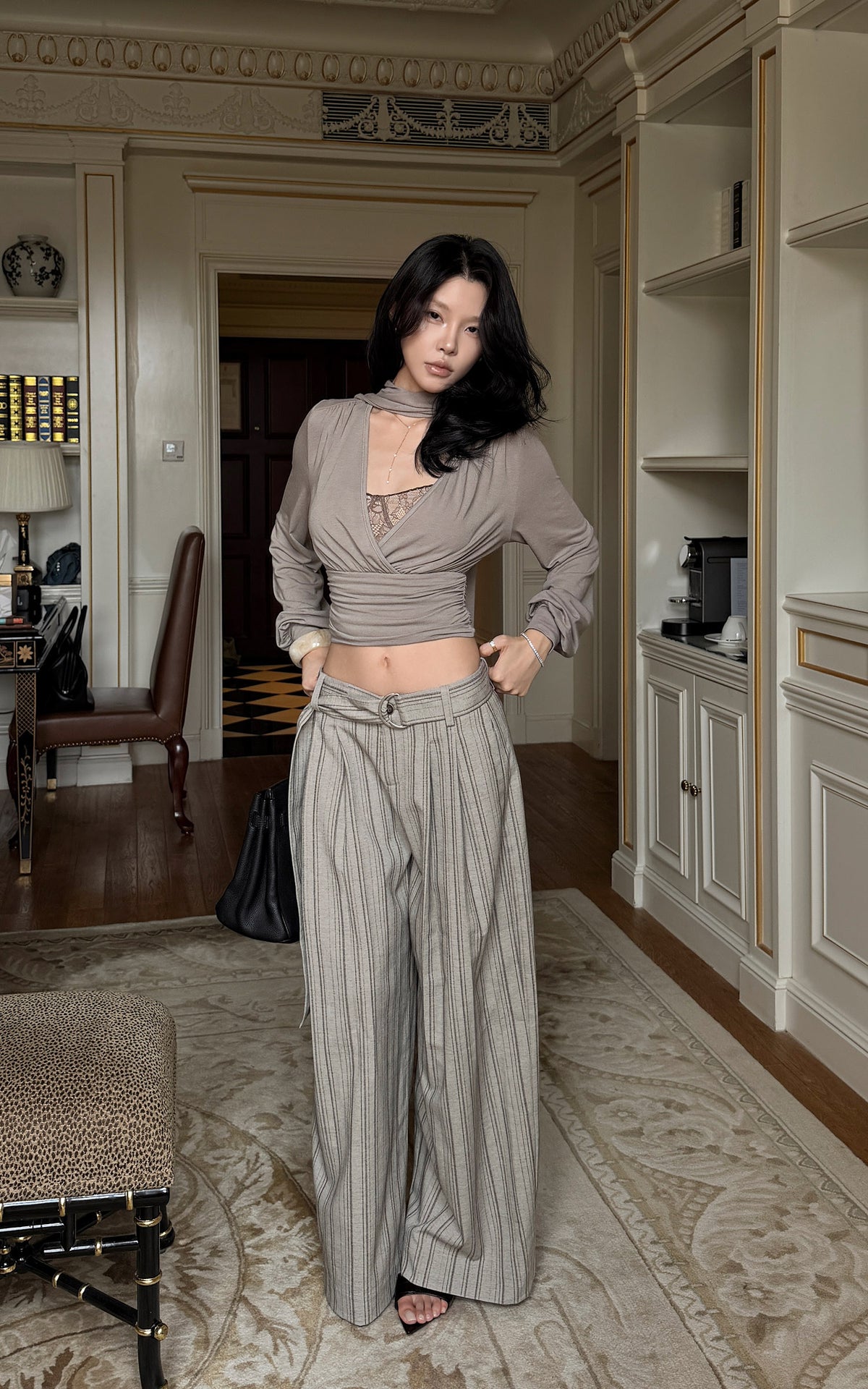 Hydrae D-Ring Belted Pinstripe Wide-Leg Pants