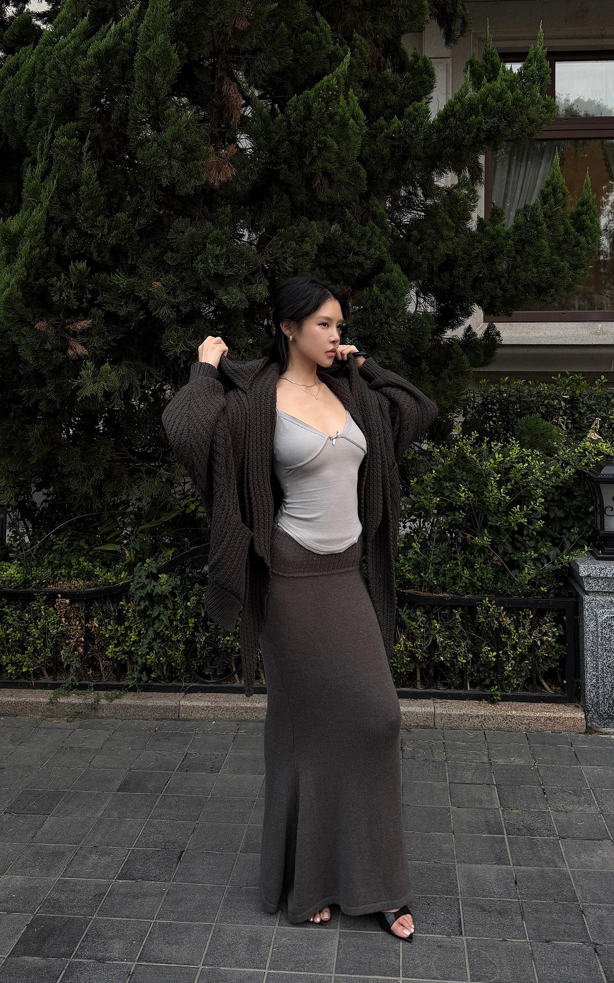 Hydrae Foldover Waist Flared Knit Maxi Skirt