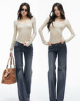 IAMXIAA Lace-Trim Scoop Neck Fitted Long Sleeve Top