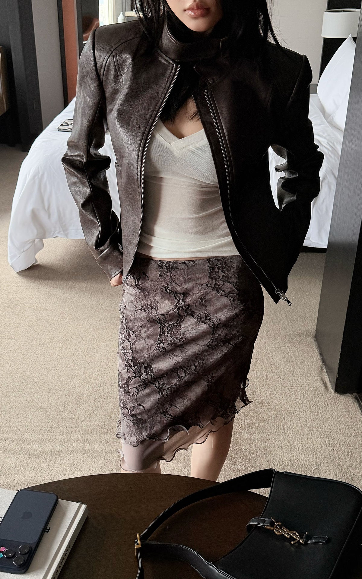Hydrae Buckle Collar Moto Jacket &amp; Layered Lace Skirt Set