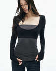 IAMXIAA Contrast Mesh Cutout Long Sleeve Top