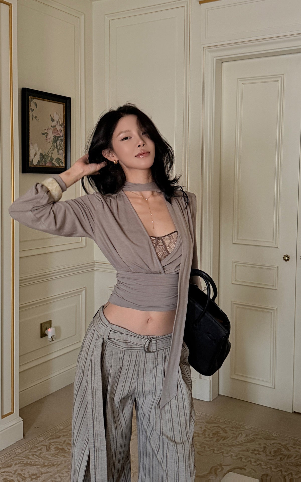 Hydrae D-Ring Belted Pinstripe Wide-Leg Pants