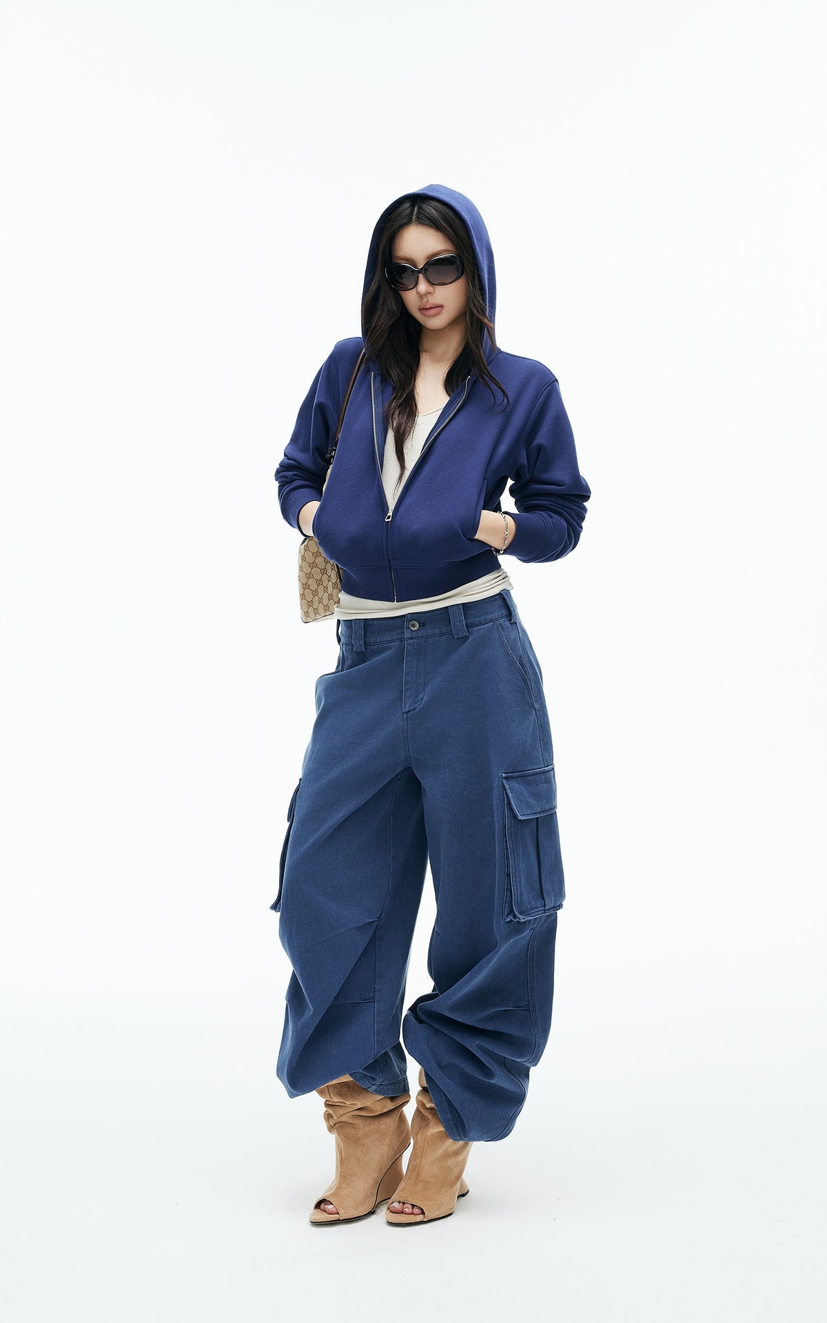 IAMXIAA Vintage Blue Cropped Zip-Up Hoodie