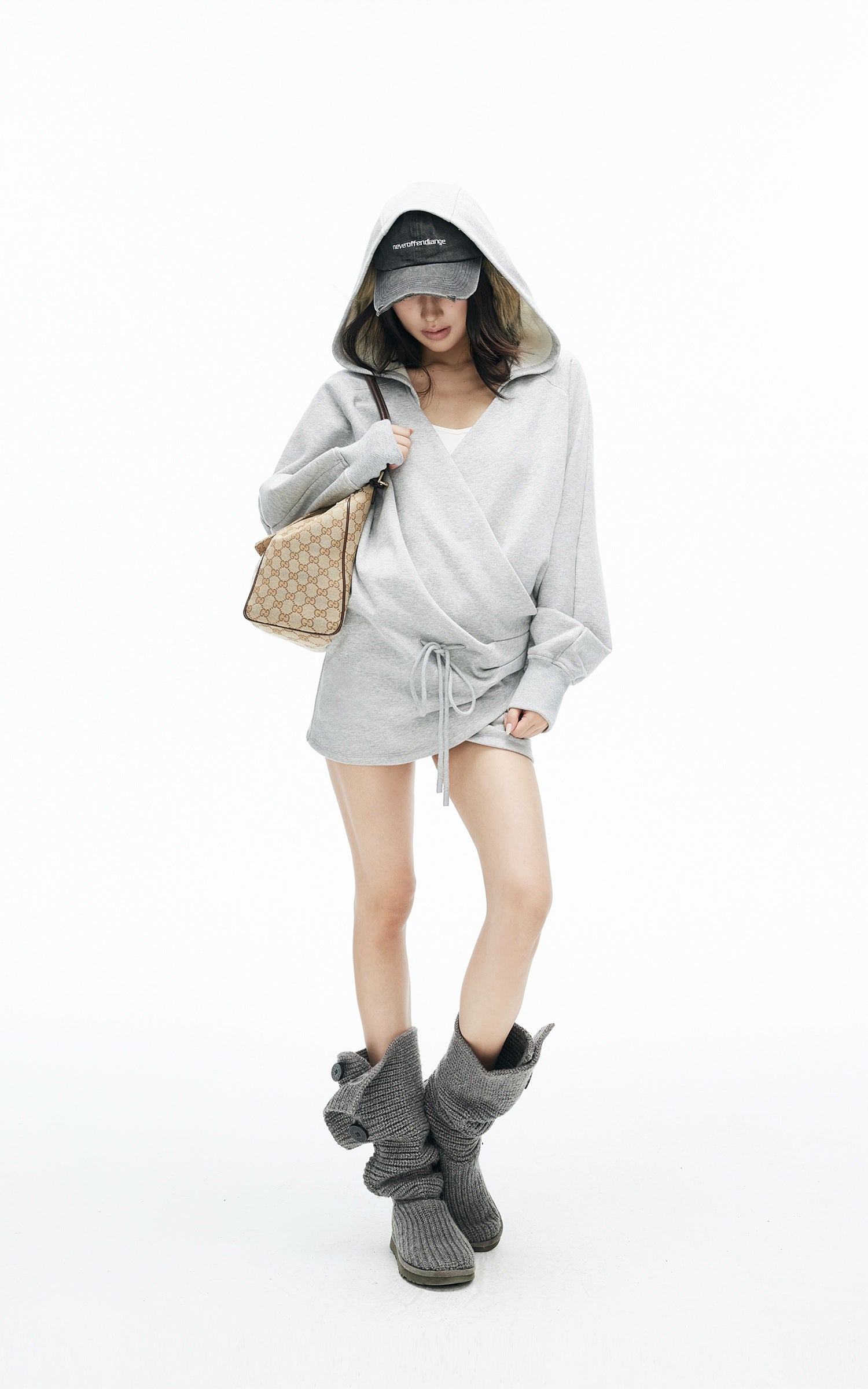 IAMXIAA Wrap Drawstring Hooded Long Sleeve Top