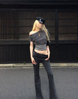 Rase le sol Dark Washed Flare Denim Pants with Slim Fit and Extended Bell Bottom Silhouette