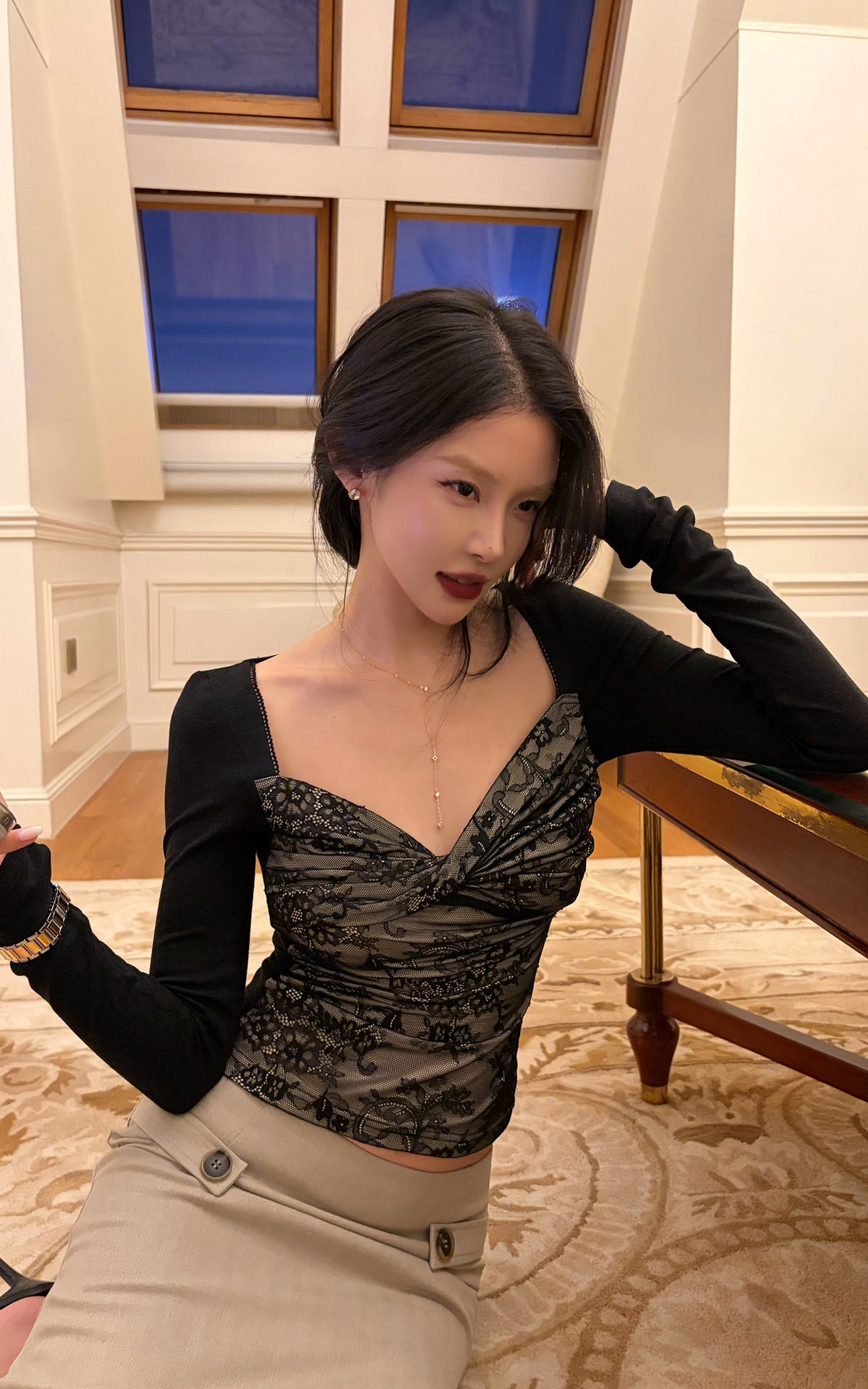 Hydrae Lace Contrast Ruched Bust Long Sleeve Top With Sheer Floral Texture