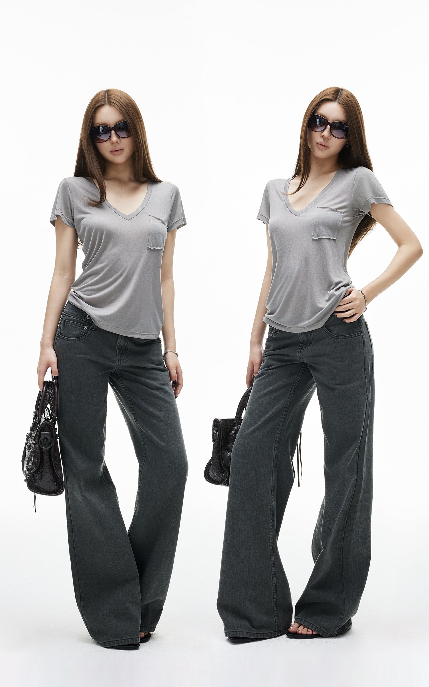 IAMXIAA T-shirt transparent à col en V avec poche