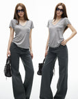 IAMXIAA T-shirt transparent à col en V avec poche