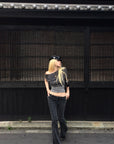 Rase le sol Dark Washed Flare Denim Pants with Slim Fit and Extended Bell Bottom Silhouette