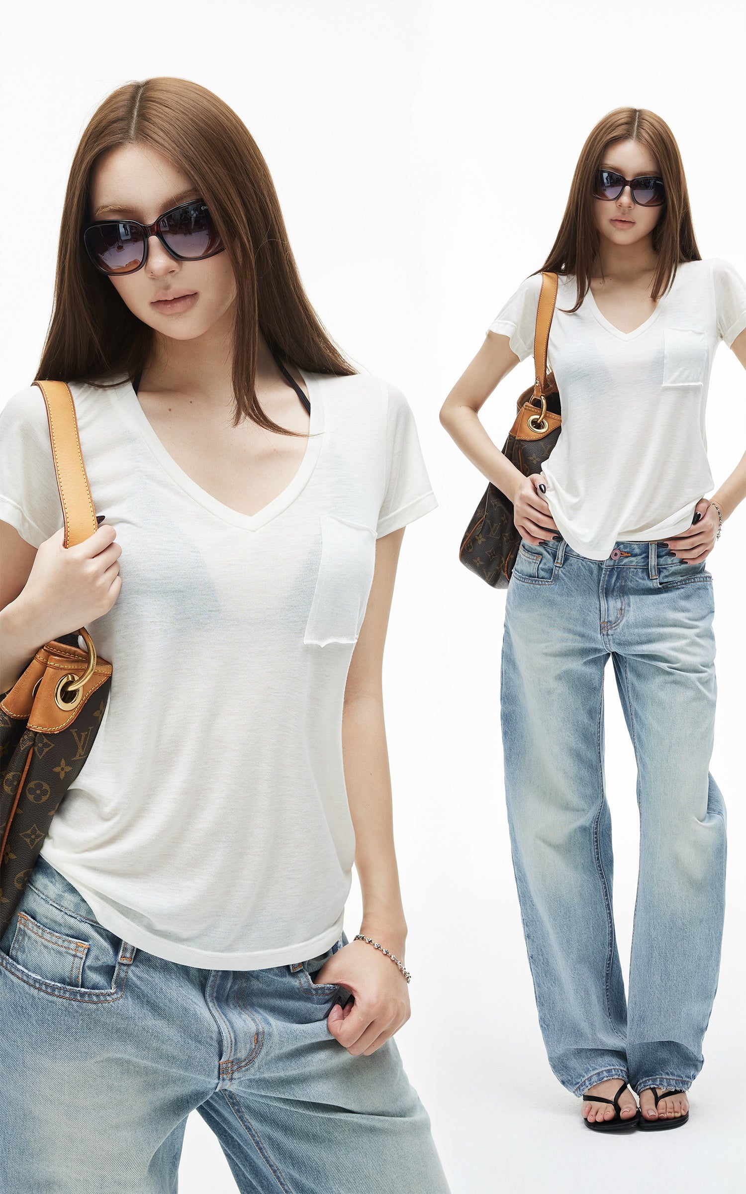 IAMXIAA T-shirt transparent à col en V avec poche