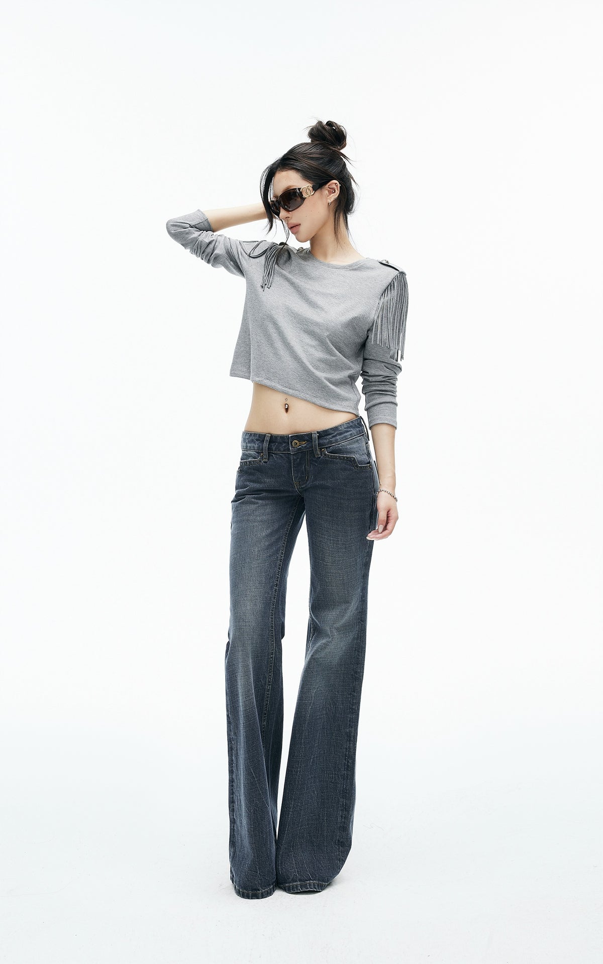 IAMXIAA Fringe Epaulette Cropped Long Sleeve Top