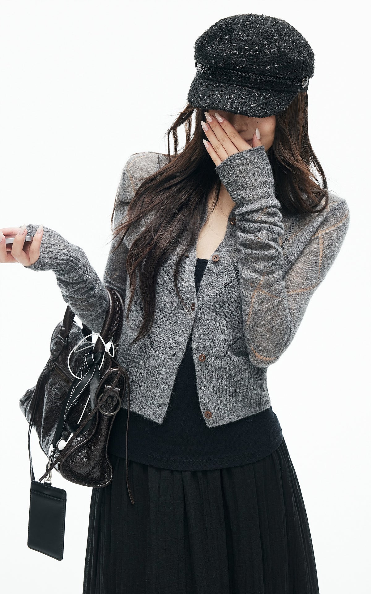 IAMXIAA Sheer Argyle Fuzzy Knit Cardigan