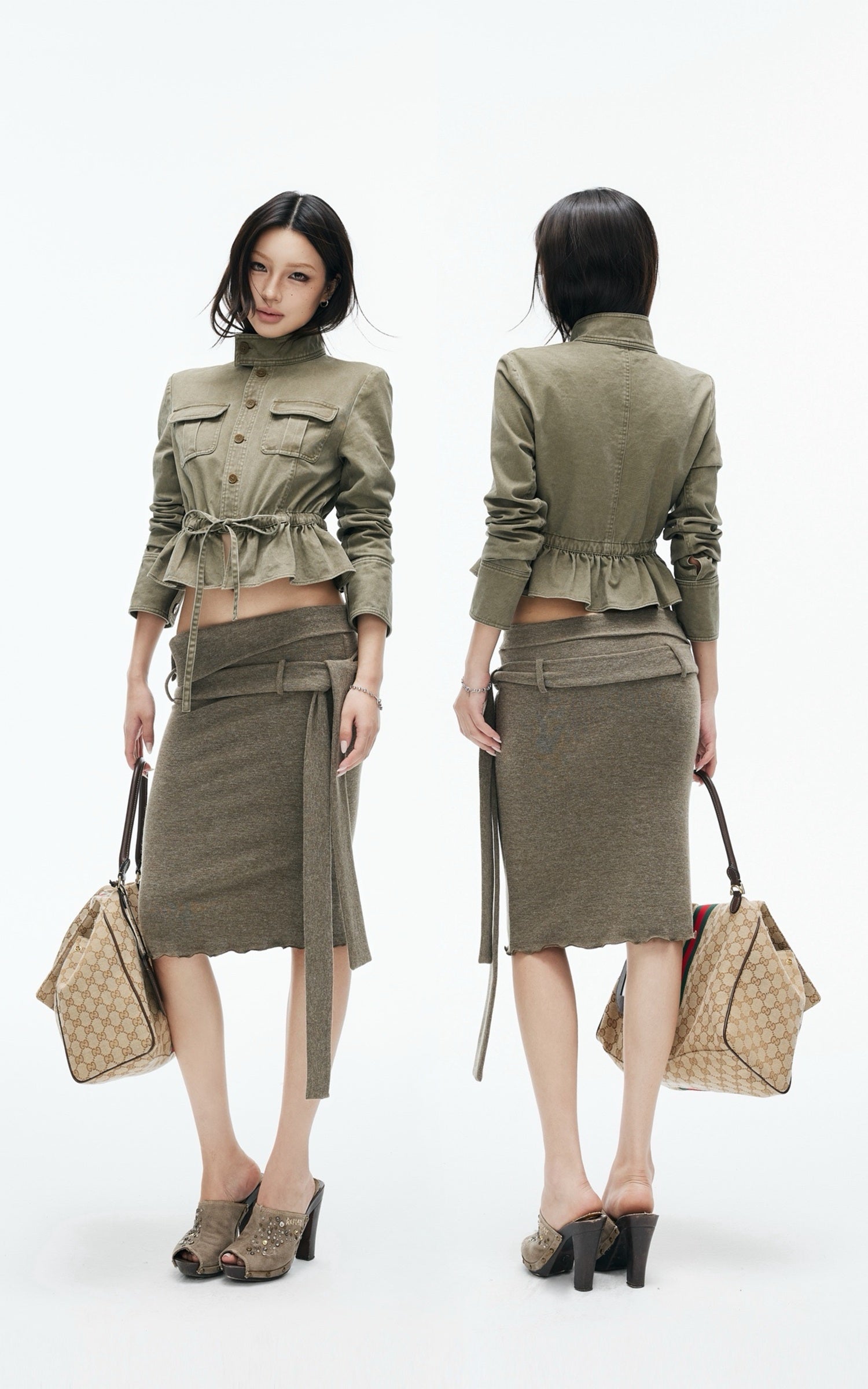 IAMXIAA Utility Peplum Jacket &amp; Draped Midi Skirt Two-Piece Set