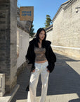 Hydrae Leopard Print Long Sleeve Top With Fitted Silhouette And Lace Trim Details