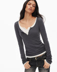 0122stepll Scoop Neck Button-Front Slim-Fit Long Sleeve T-Shirt