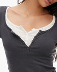 0122stepll Scoop Neck Button-Front Slim-Fit Long Sleeve T-Shirt