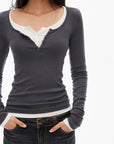 0122stepll Scoop Neck Button-Front Slim-Fit Long Sleeve T-Shirt