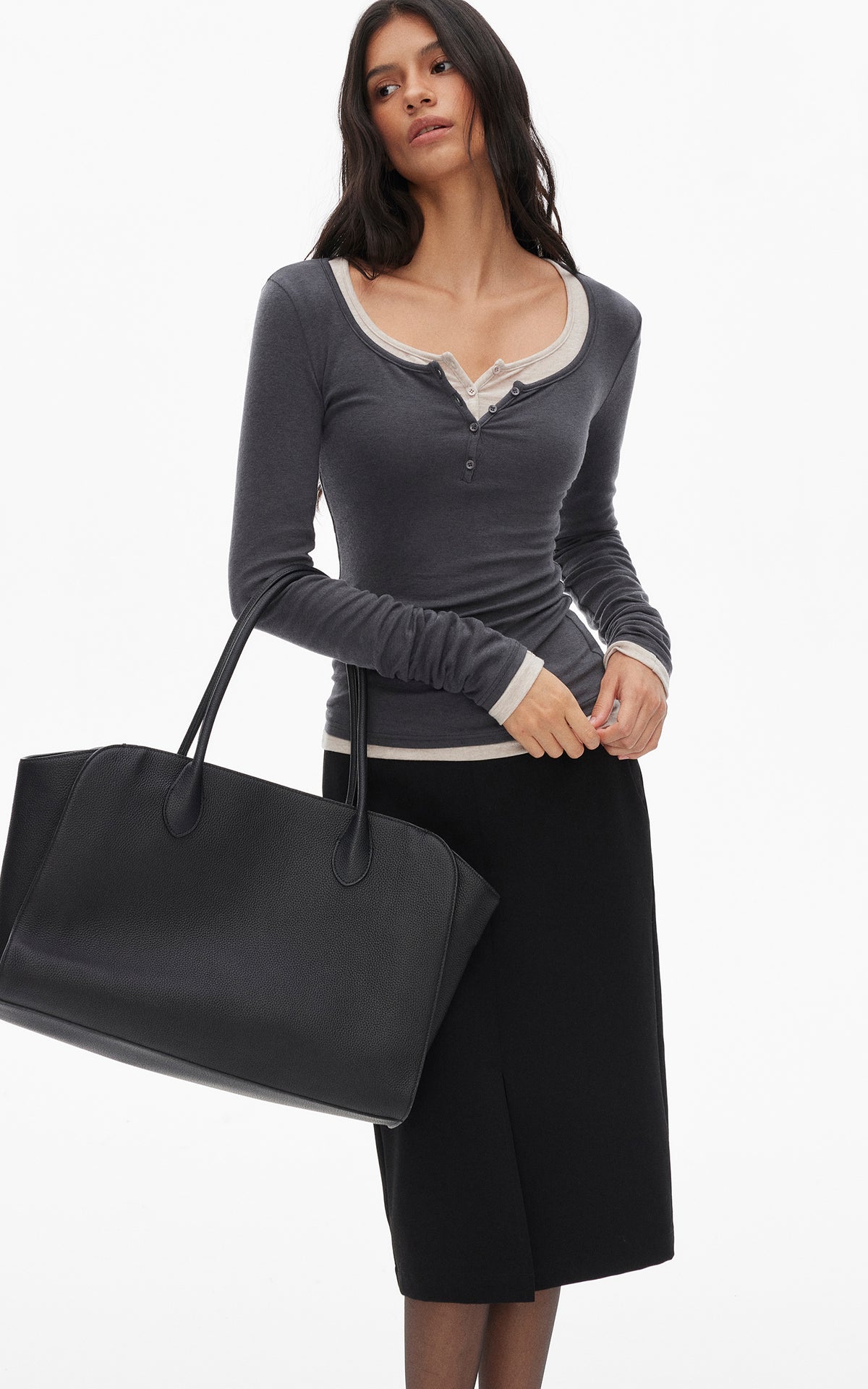 0122stepll Scoop Neck Button-Front Slim-Fit Long Sleeve T-Shirt