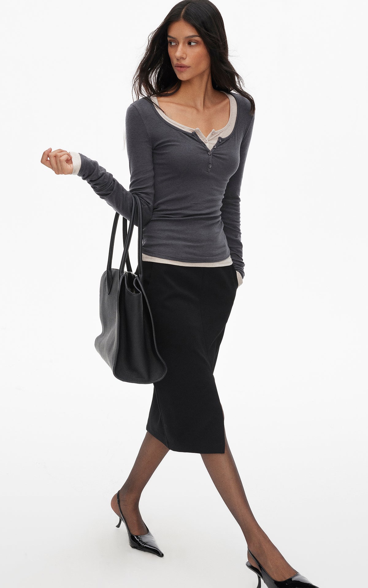 0122stepll Scoop Neck Button-Front Slim-Fit Long Sleeve T-Shirt