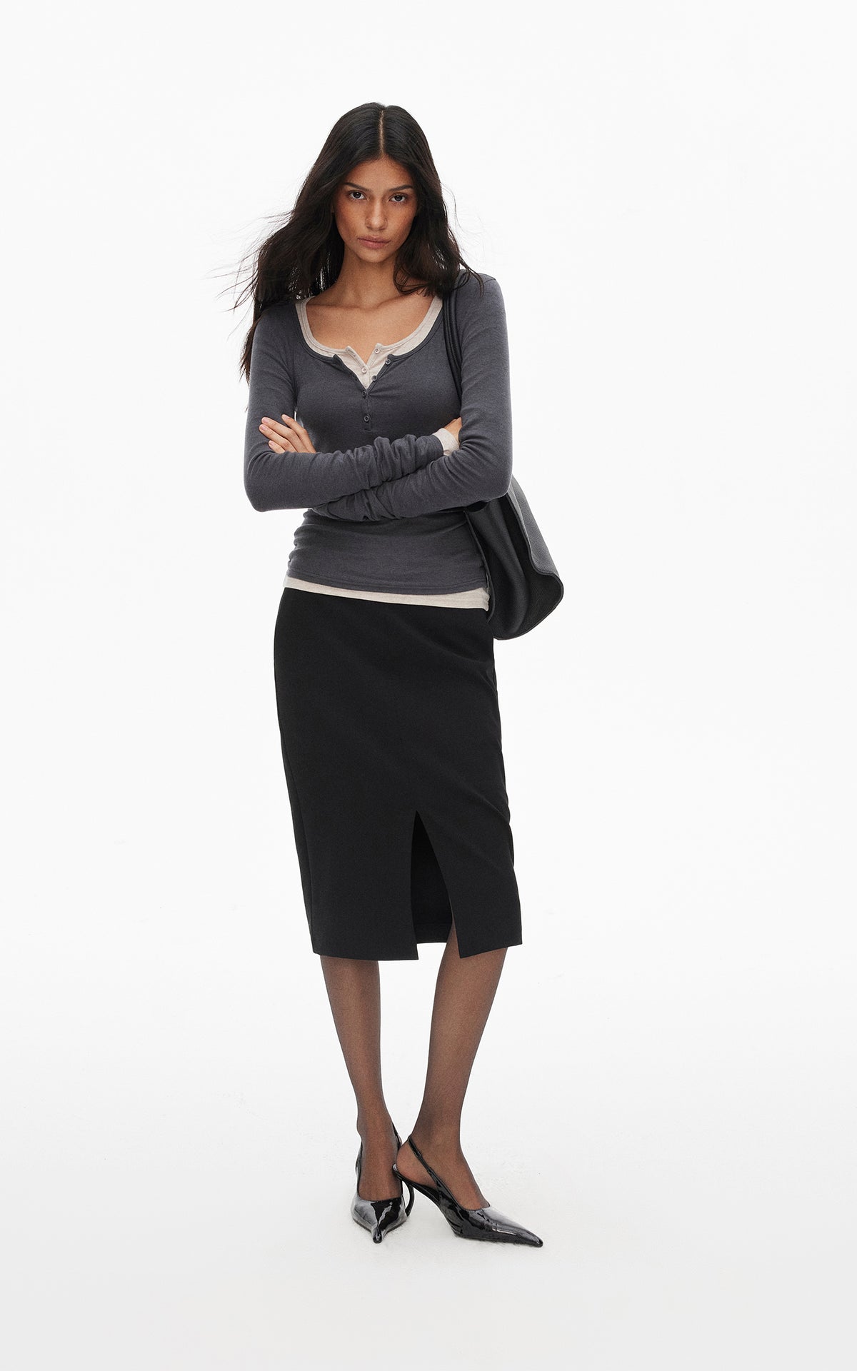 0122stepll Scoop Neck Button-Front Slim-Fit Long Sleeve T-Shirt