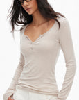 0122stepll Scoop Neck Button-Front Slim-Fit Long Sleeve T-Shirt