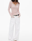 0122stepll Scoop Neck Button-Front Slim-Fit Long Sleeve T-Shirt