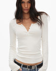 0122stepll Scoop Neck Button-Front Slim-Fit Long Sleeve T-Shirt