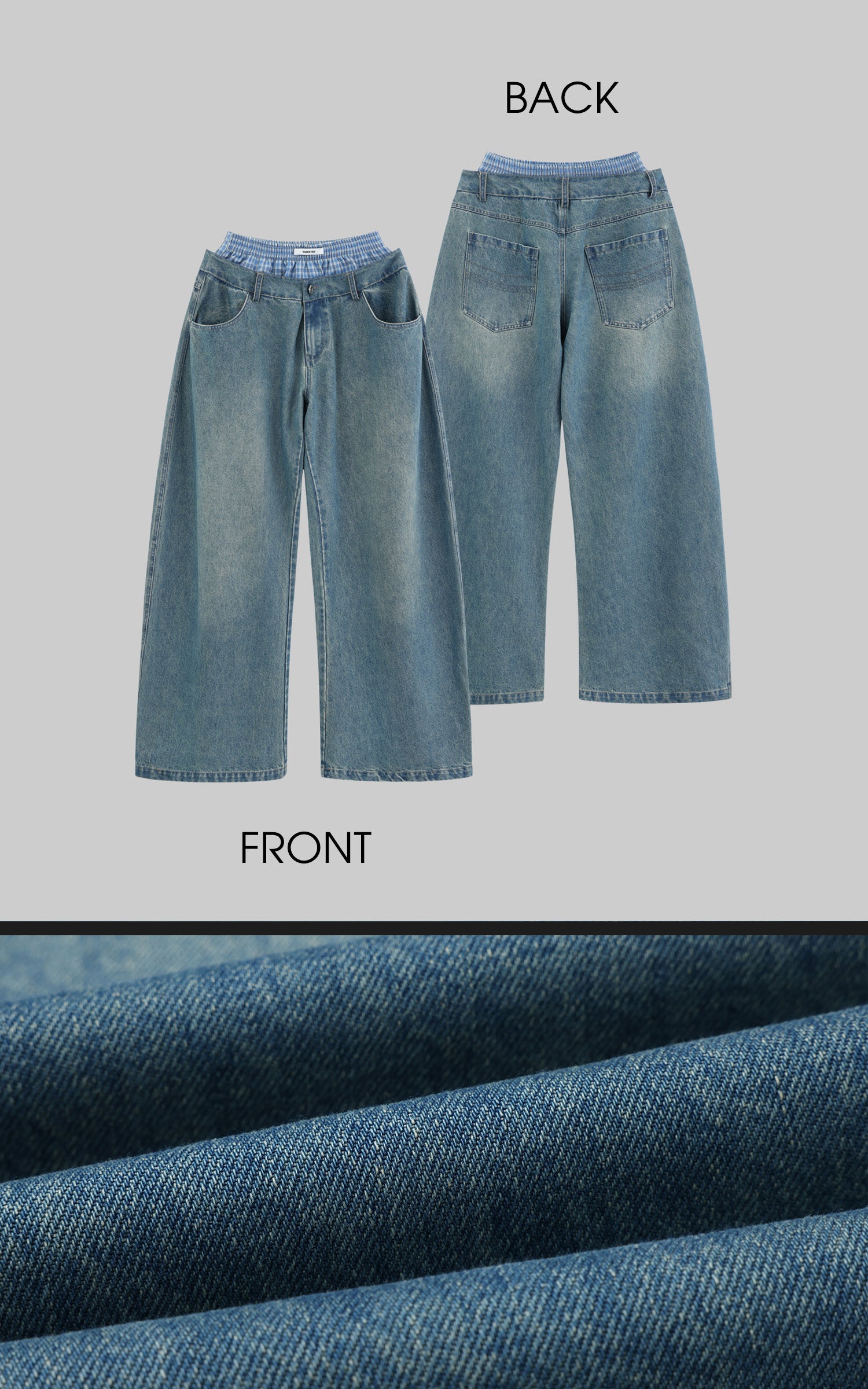 WARDEN EDGE Oversized Denim Trousers with Plaid Dual Waistband Design