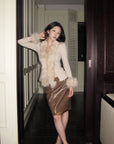 Hydrae High-Waisted Faux Leather Midi Pencil Skirt with Belt Loops and Contrast Satin Hem