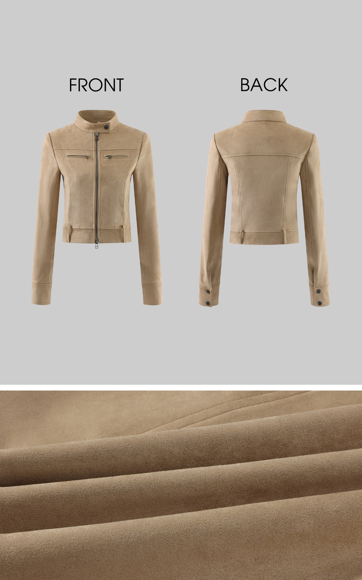 Hydrae Sand Suede Moto Cropped Jacket with Sculpted Paneling and Metal Zip Details
