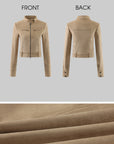 Hydrae Sand Suede Moto Cropped Jacket with Sculpted Paneling and Metal Zip Details