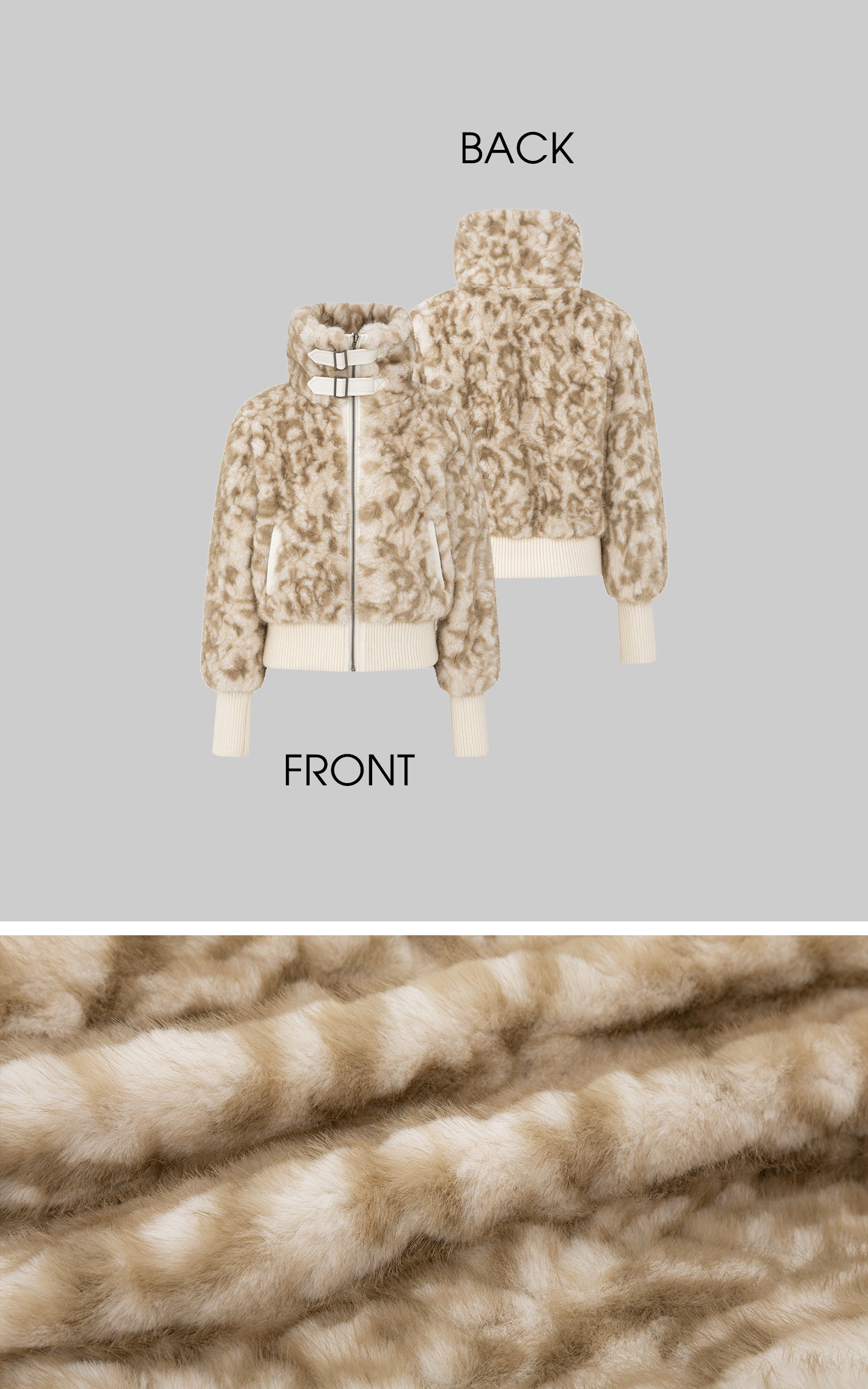 IAMXIAA Faux Fur Short Jacket with Buckle Collar and Ribbed Hem