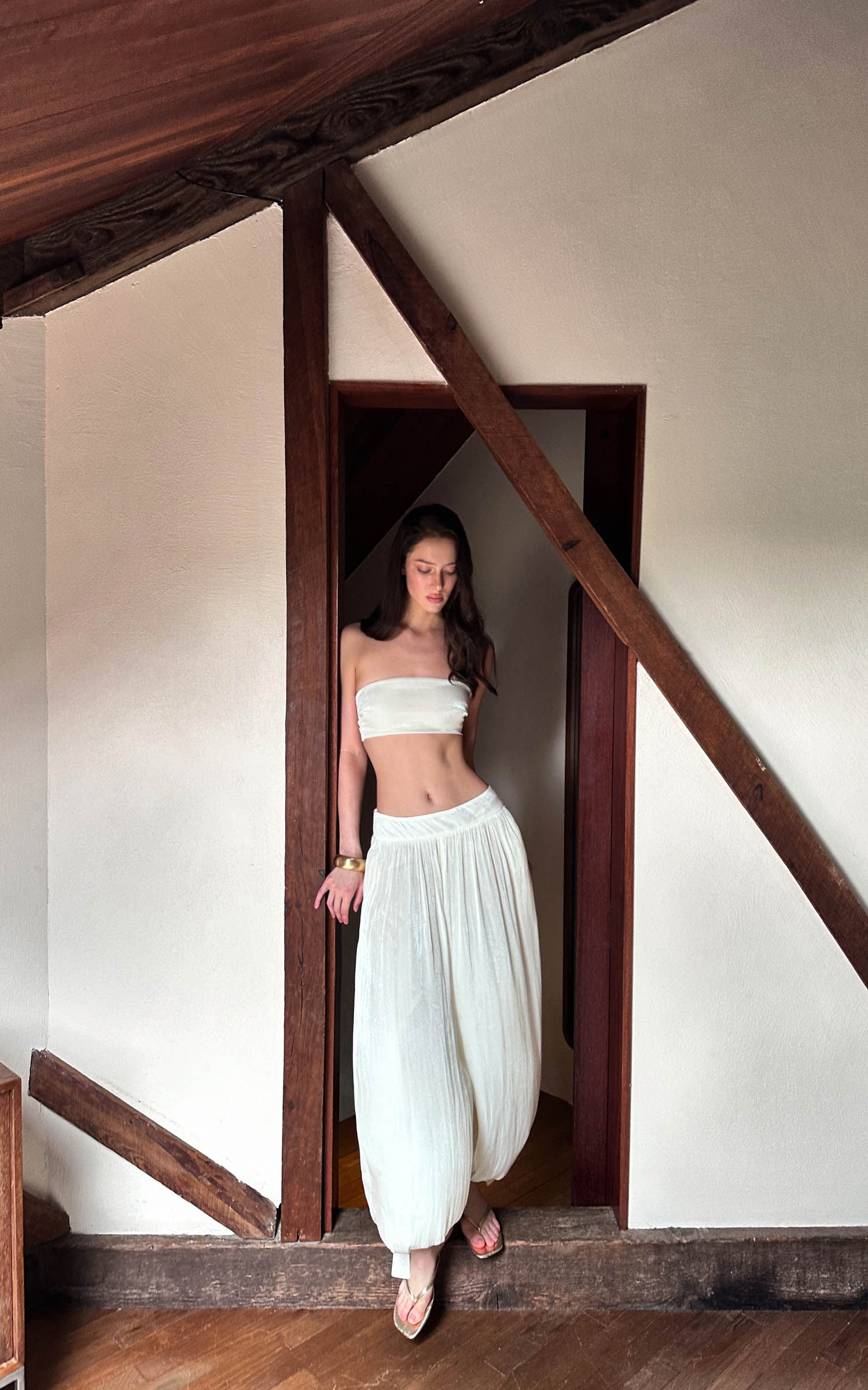 0122stepll Strapless Bandeau Top &amp; Low-Rise Balloon Pants Set