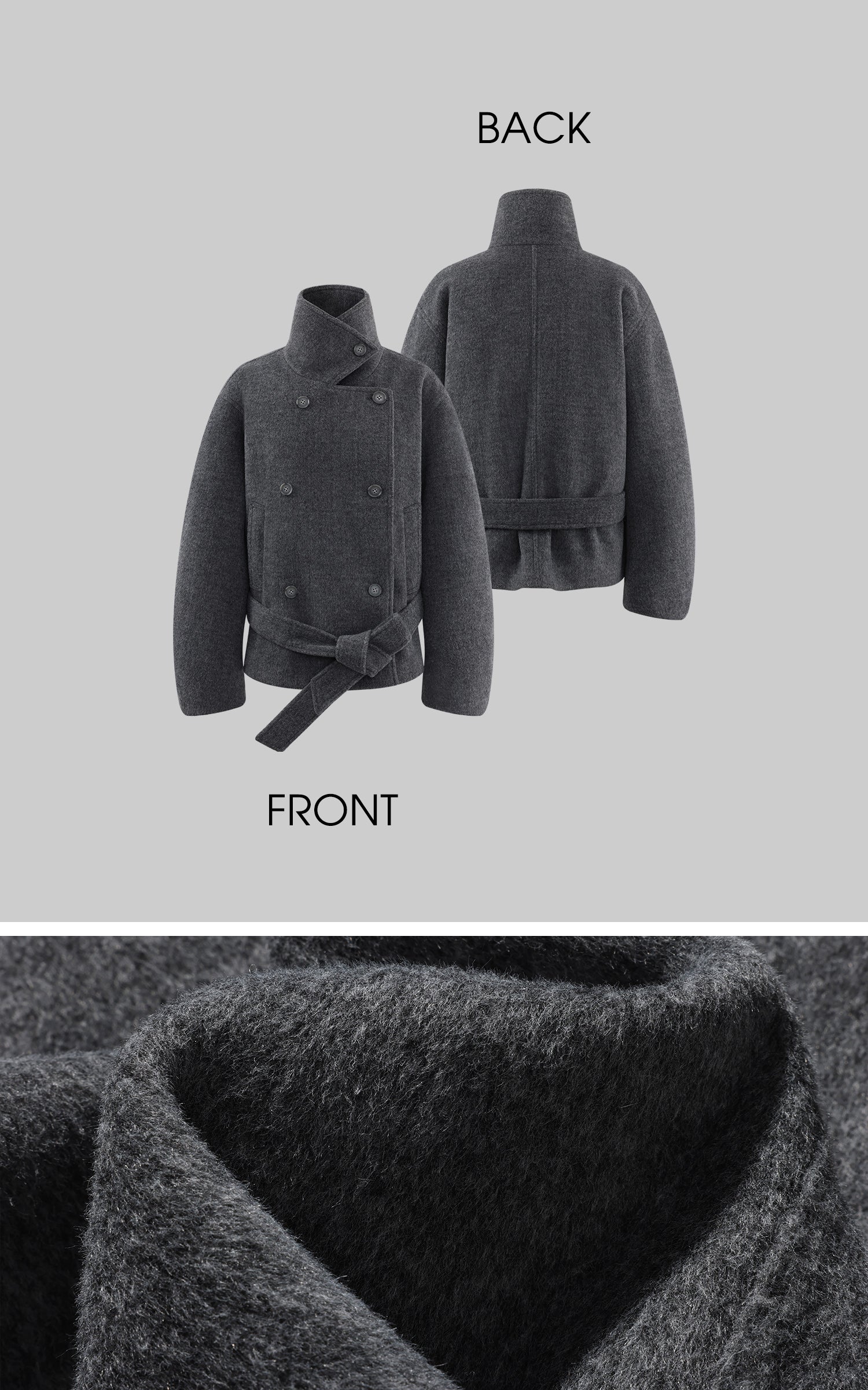 ROVENTE 구조적인 울 혼방 크롭 코트, 랩 벨트 포함 &amp; 포인트 하이 칼라