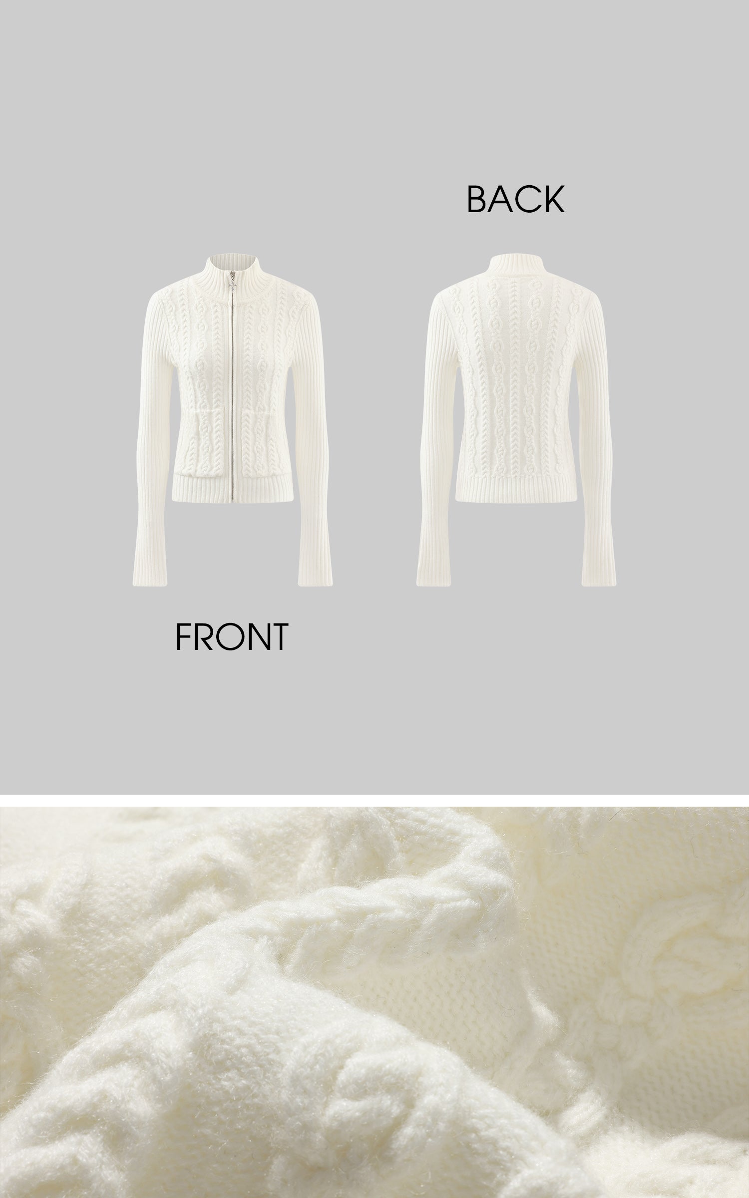 Rase le sol High Neck Cable Knit Cardigan with Sculpted Fit and Cross Zipper Detail