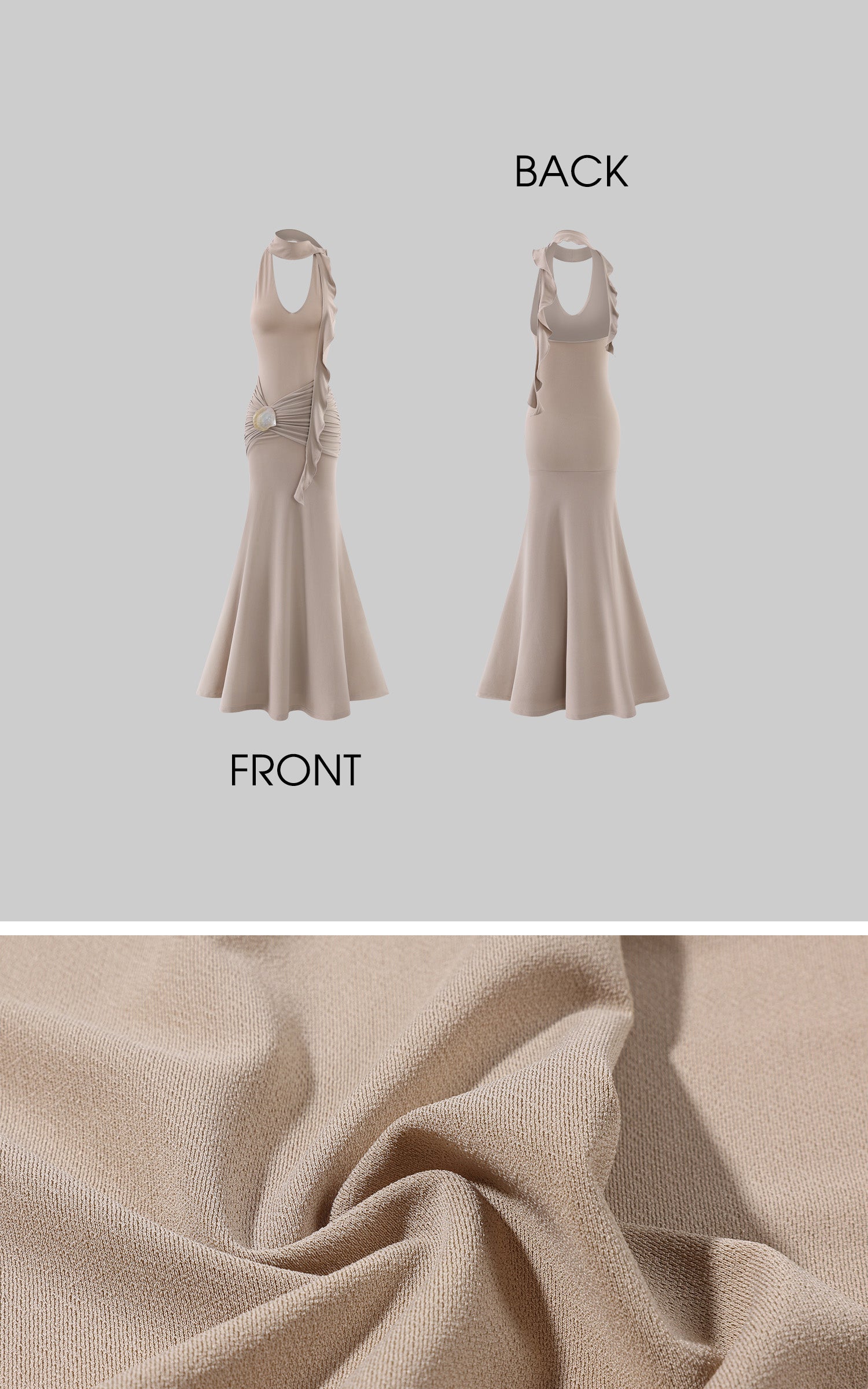 Hydrae Ruched Halter Maxi Dress with Shell Detail