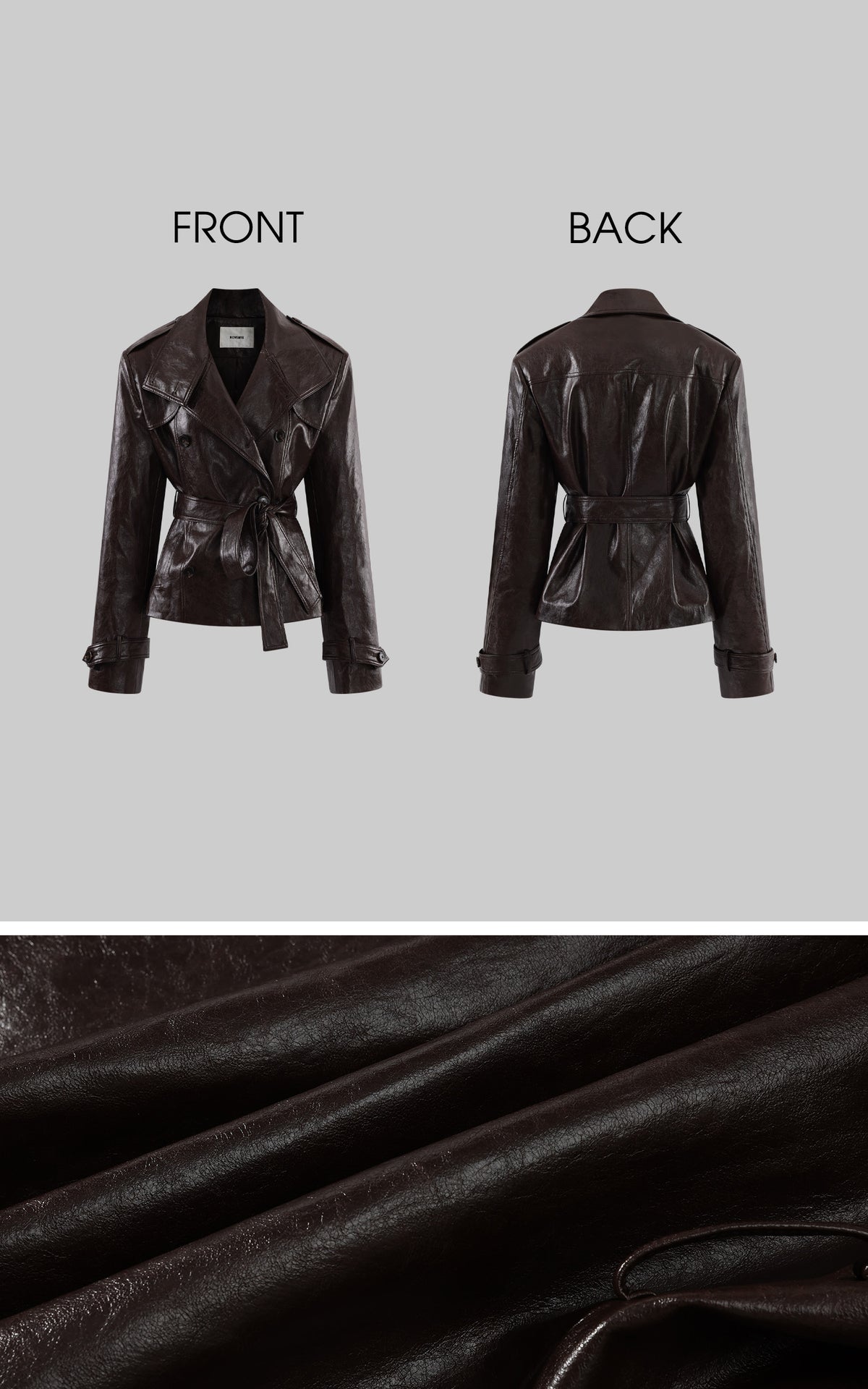 ROVENTE Belted Leather-Look Trench Jacket with Wide Lapels &amp; Double-Breasted Front