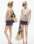 IAMXIAA Low-Rise Belted Micro Mini Skirt in Plum Purple