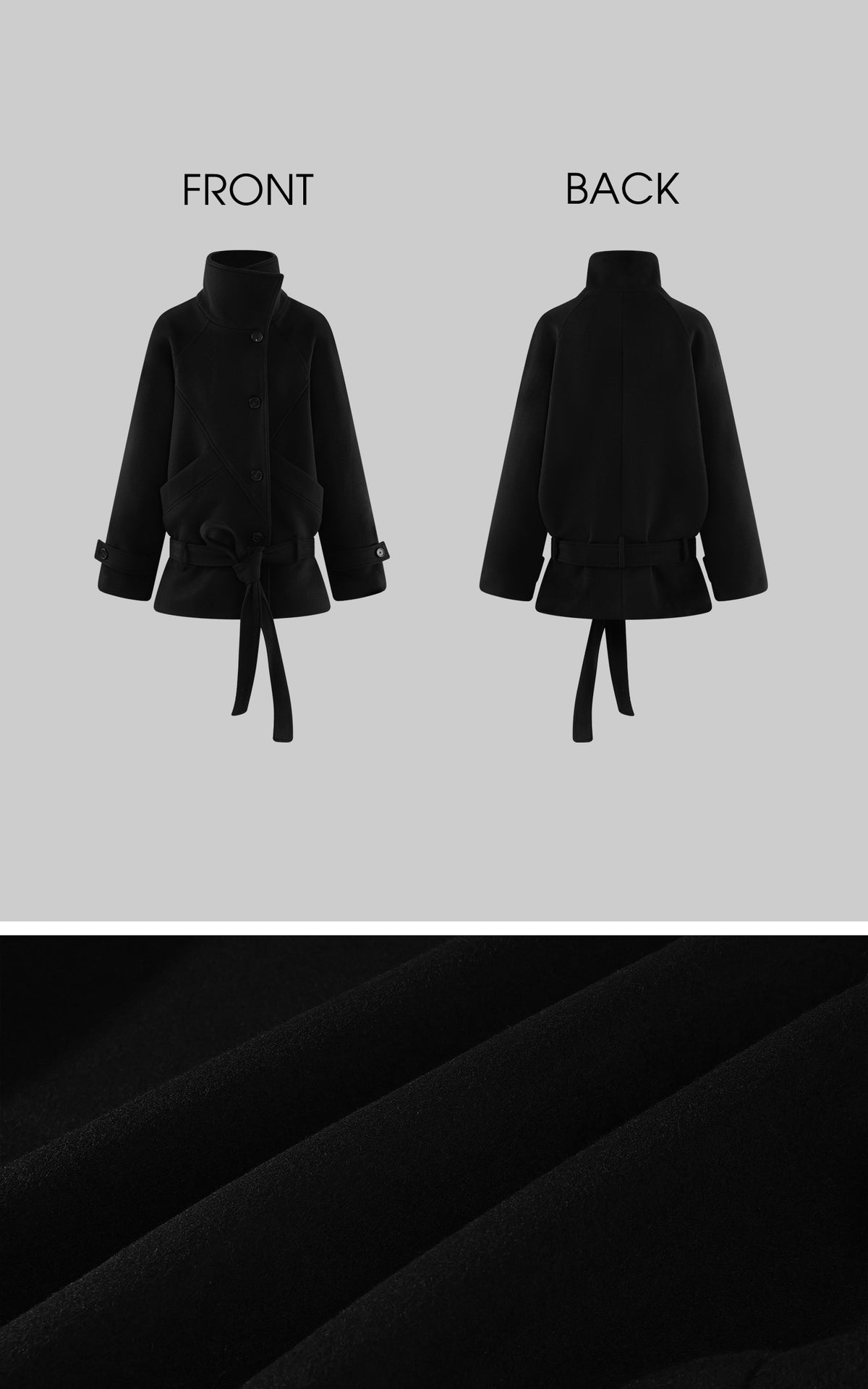 0122stepll Sculpted High Collar Belted Jacket