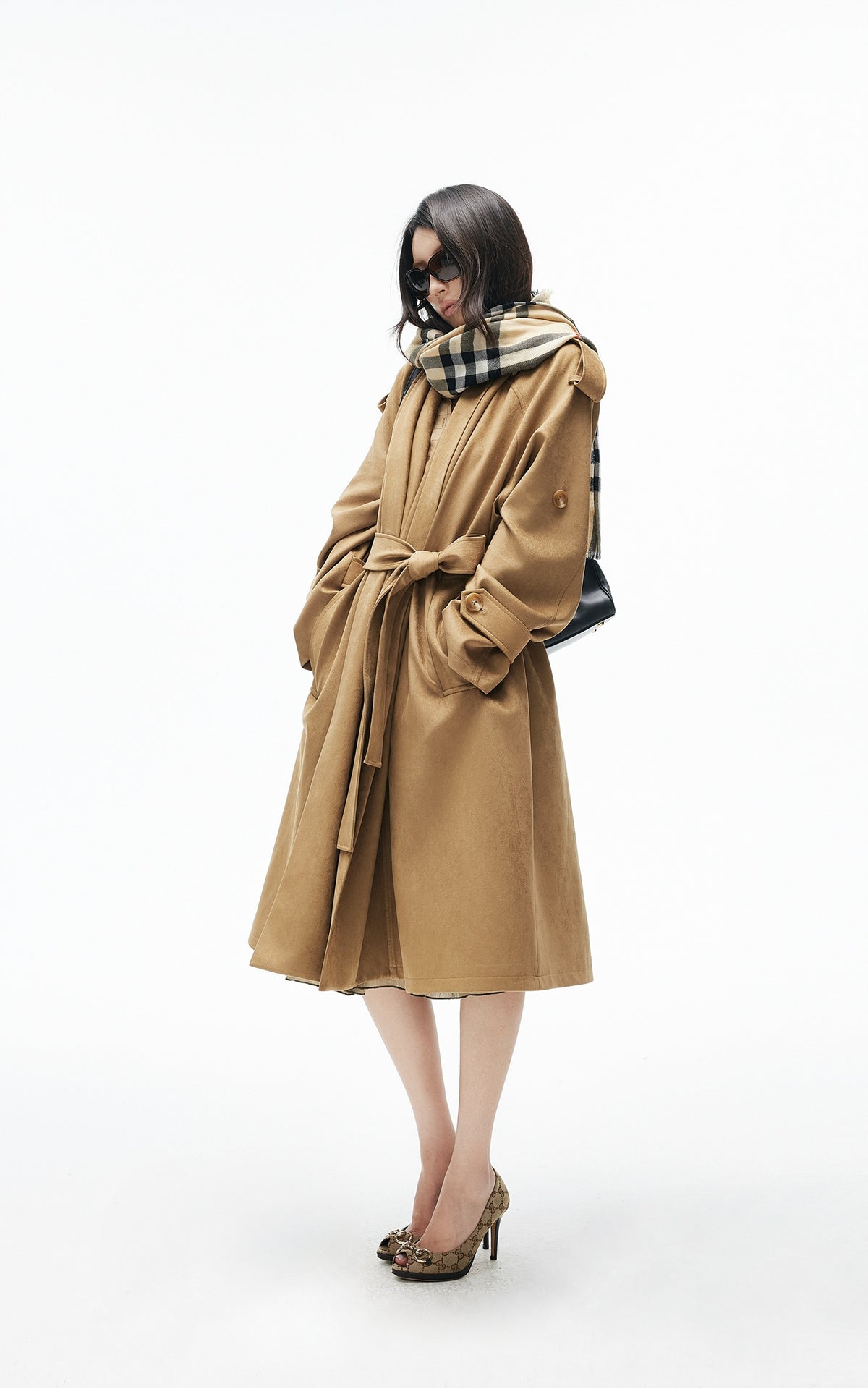IAMXIAA Manteau trench en suédine drapé avec ceinture