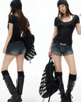 IAMXIAA Washed Low Rise Denim Shorts